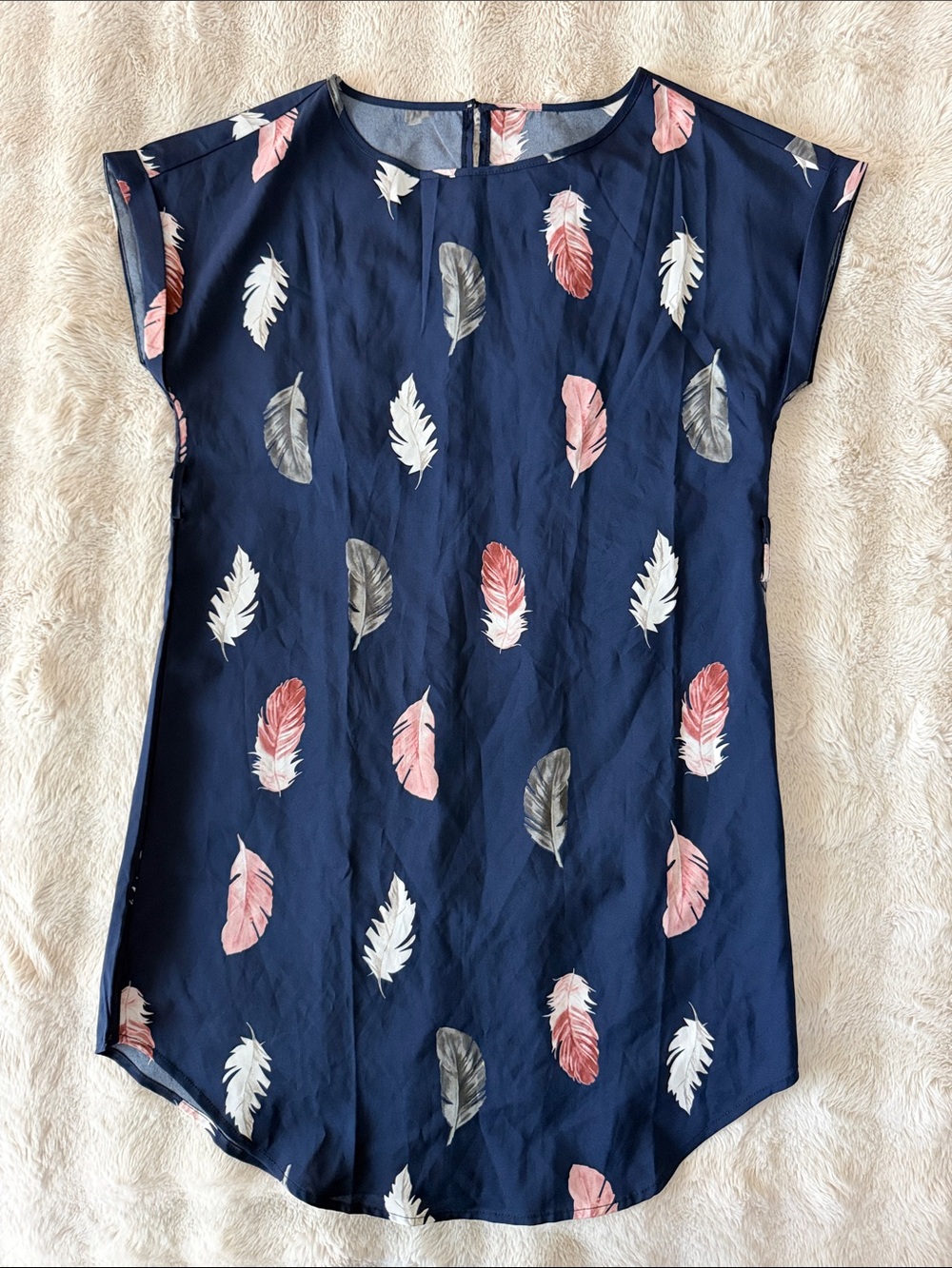 Navy Feather Print Cap Sleeve Blouse